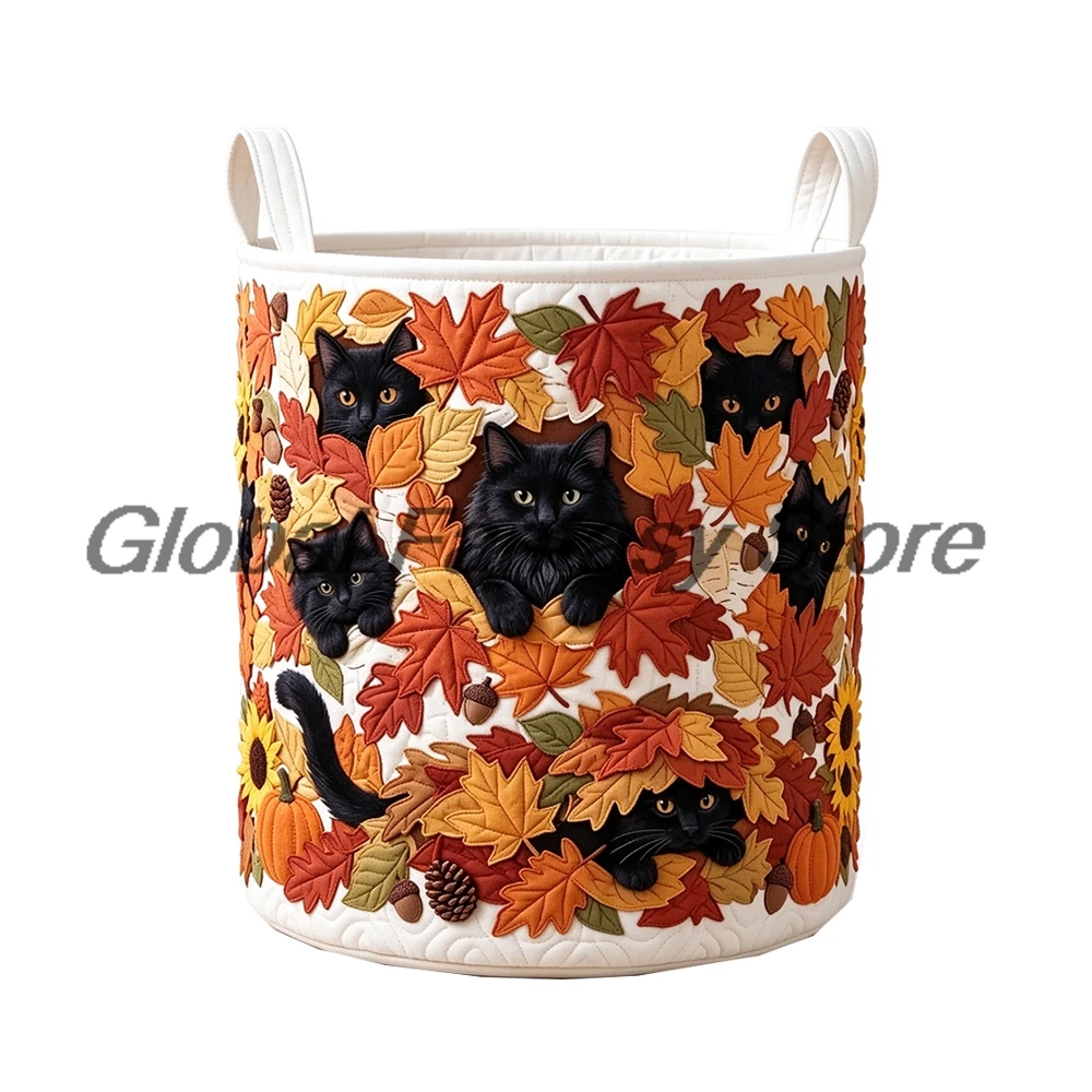 Autumn Fall Black Cat Quilted Storage Basket With Handles Maple Leaf Print Laundry Hamper Foldable Clothes Home Organizer Bin