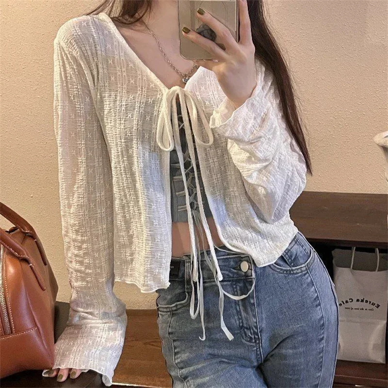 Long Sleeve Thin Breathable T-shirts Women Lace Bow Cardigan Blouse Clothing Ruffles Sun-protection Outwear Blouse For Covers