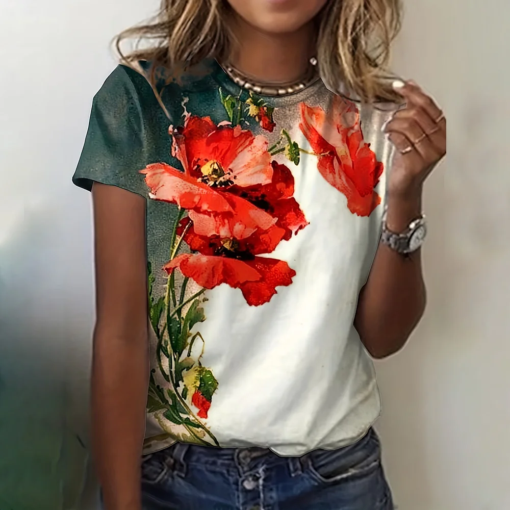 2024 New Women's T-Shirt Tops Trendy Flower Printed Ladies Short Sleeve Clothing Casual Loose Female Crew Neck T Shirt Apparel