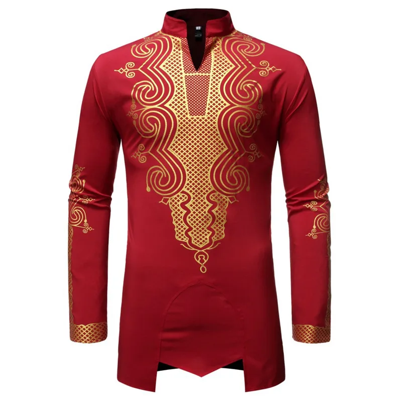 

Red African Dashiki Print Dress Shirt Men 2024 Brand Long Sleeve African Clothing Hip Hop Streetwear Casual African Clothes xxl