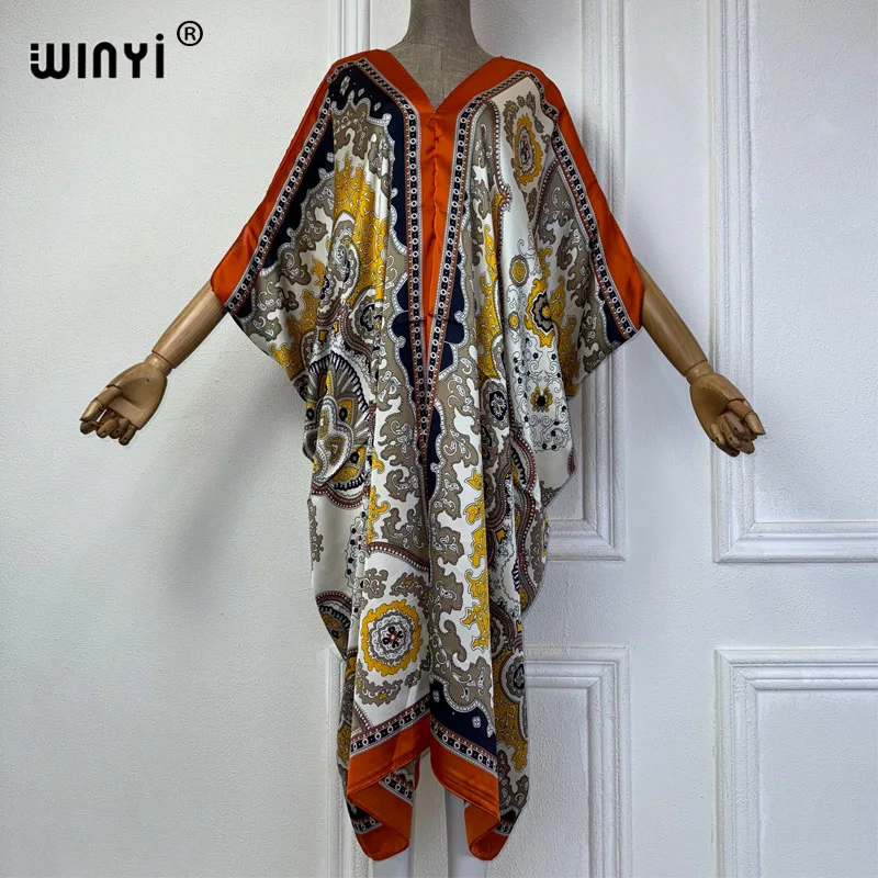 WINYI Summer african V-neck dress Printed beach wear women 2024 Loose Femme Robe Muslim beach cover ups silk feel evening dress