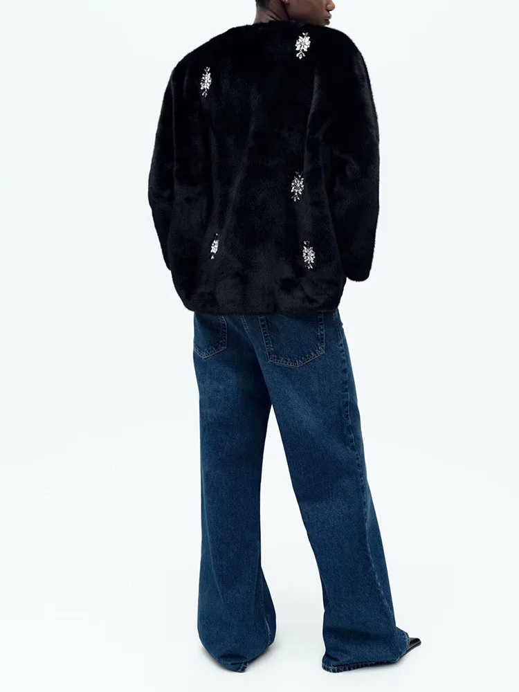 Printemps 2025 nouvelles femmes Faionable Long Sve fourrure garnie manteau chaud bijoux décoré vêtements d'extérieur polyvalents trajet Sle