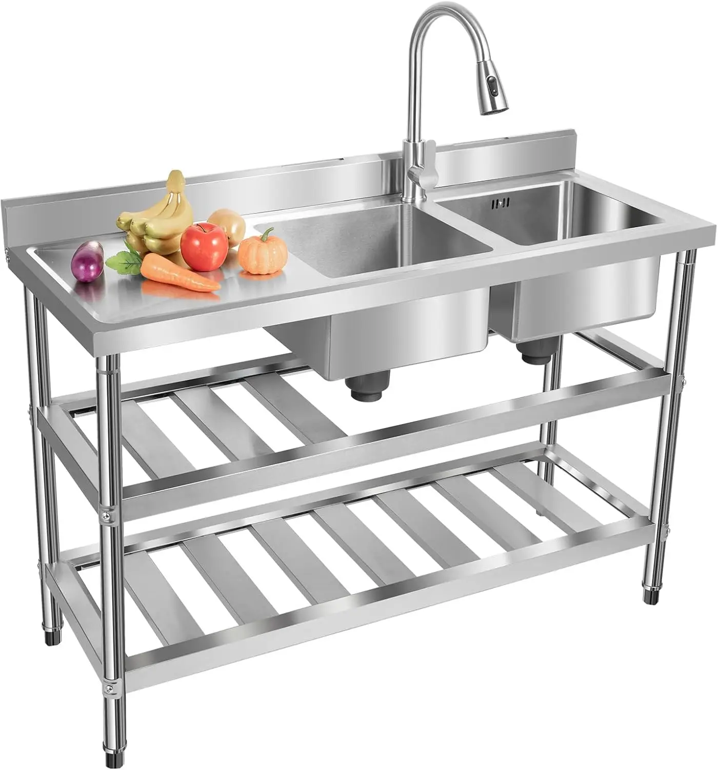 

Мойка коммерческая из нержавеющей стали с выдвижным смесителем для горячей и холодной воды, двухсекционная, отдельностоящая, для кухни, тип B