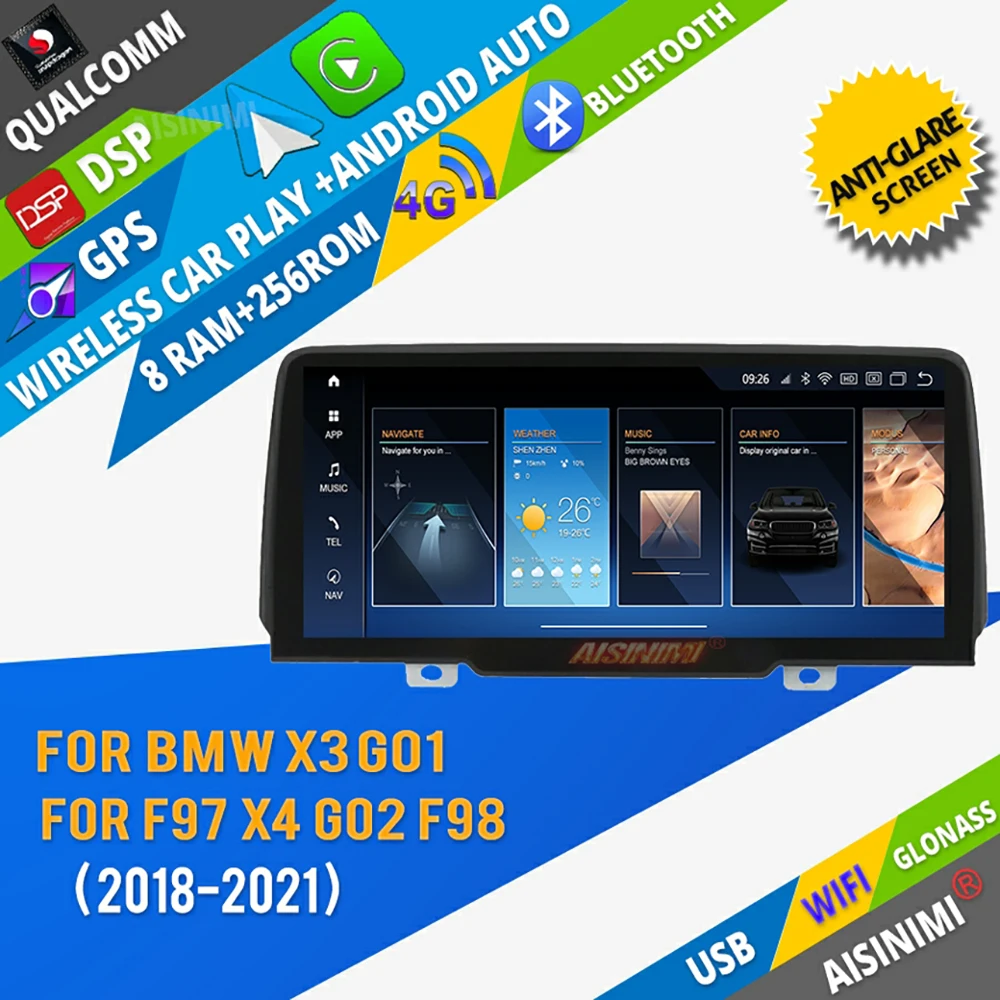 

AISINIMI 8+256 Qualcomm Android 13 Car Dvd Navi Player For BMW X3 G01 X4 G02 2018 - 2022 audio GPS stereo