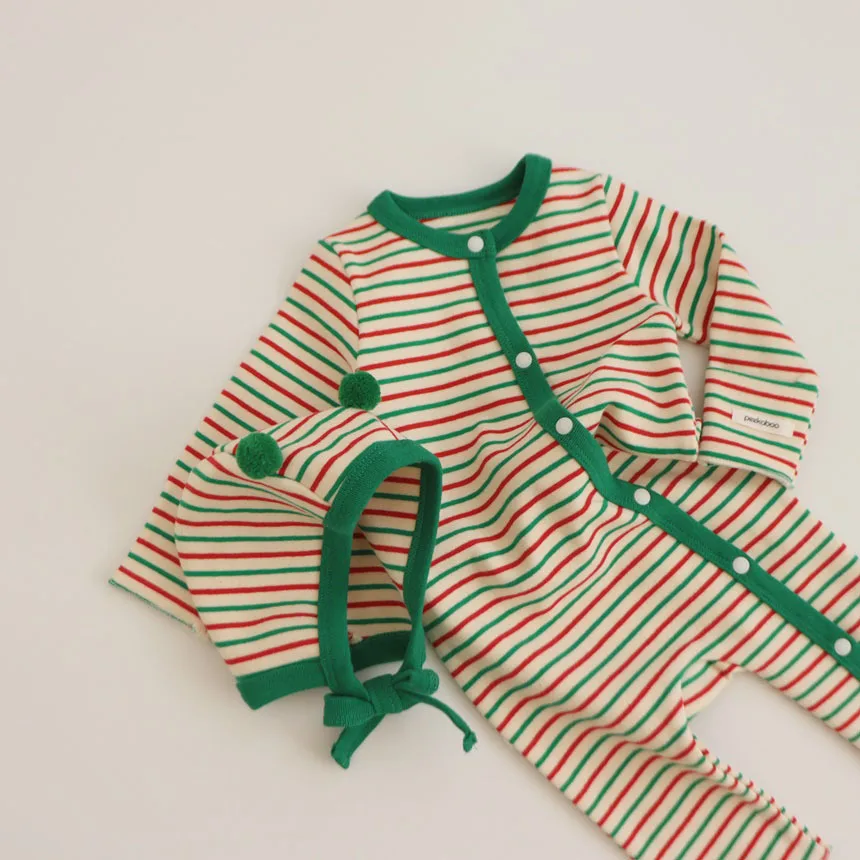 Newborn Infant Baby Boys Girls Striped Romper Green Red Trim Long Sleeve Button Jumpsuit Xmas Holiday Party Costume 0 24M