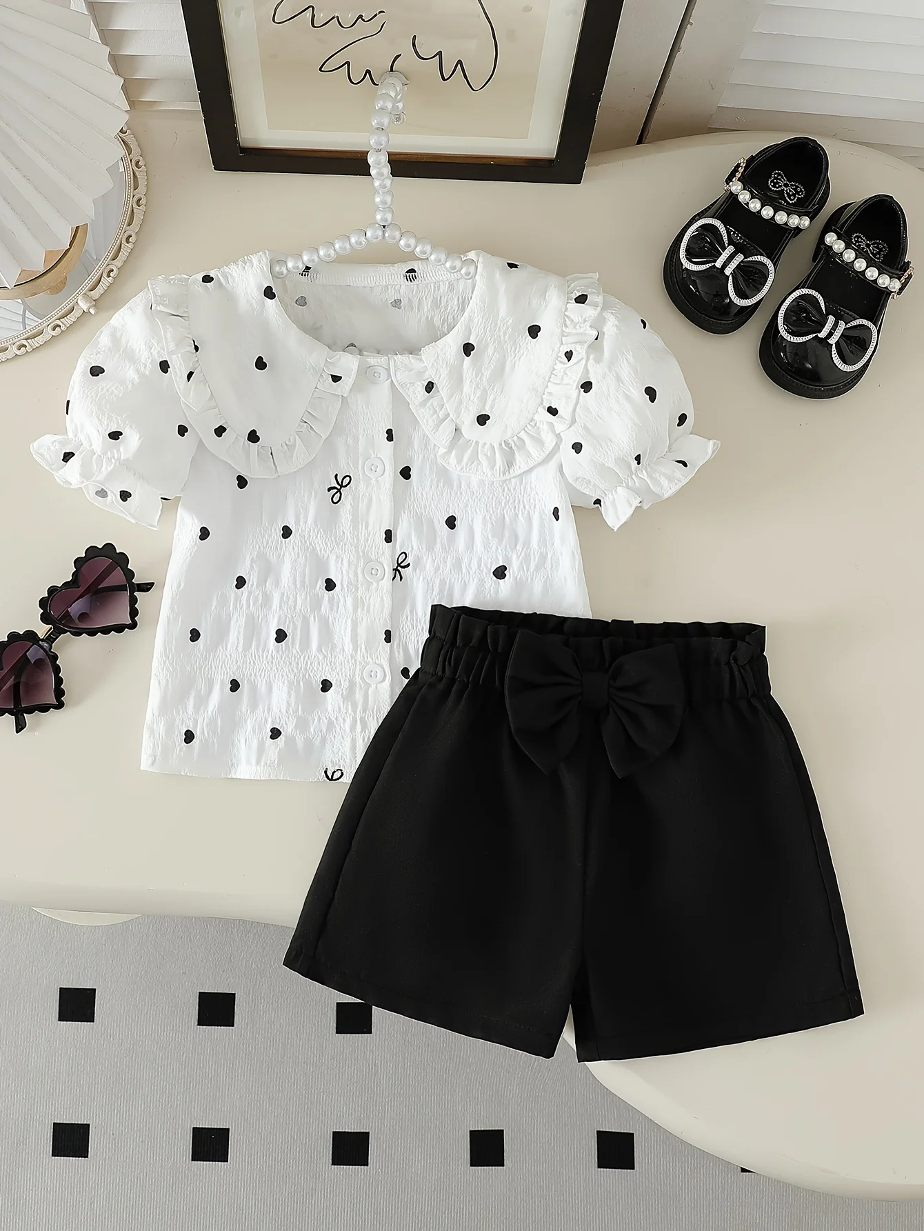 

Girls' Set: Polka Dot Peter Pan Collar Puff Sleeve Shirt + Black Bow Shorts | Valentine's Day Gift / Birthday Gift