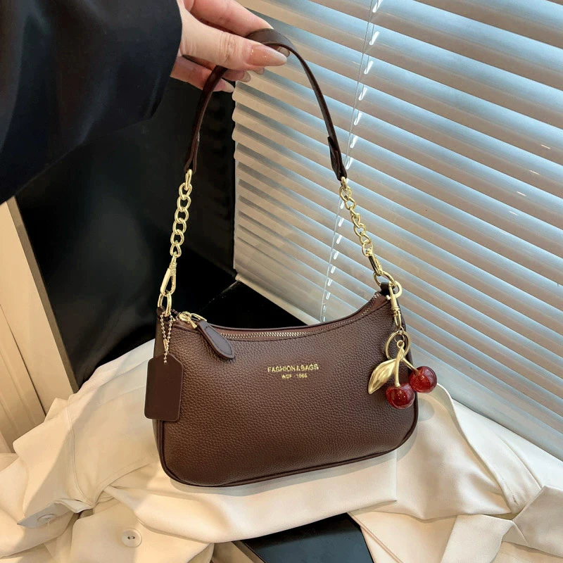Cherry Pendant Crossbody Bag for Women PU Leather Crescent Bag Adjustable Strap Underarm Bag Closure Handbag for Work Travel