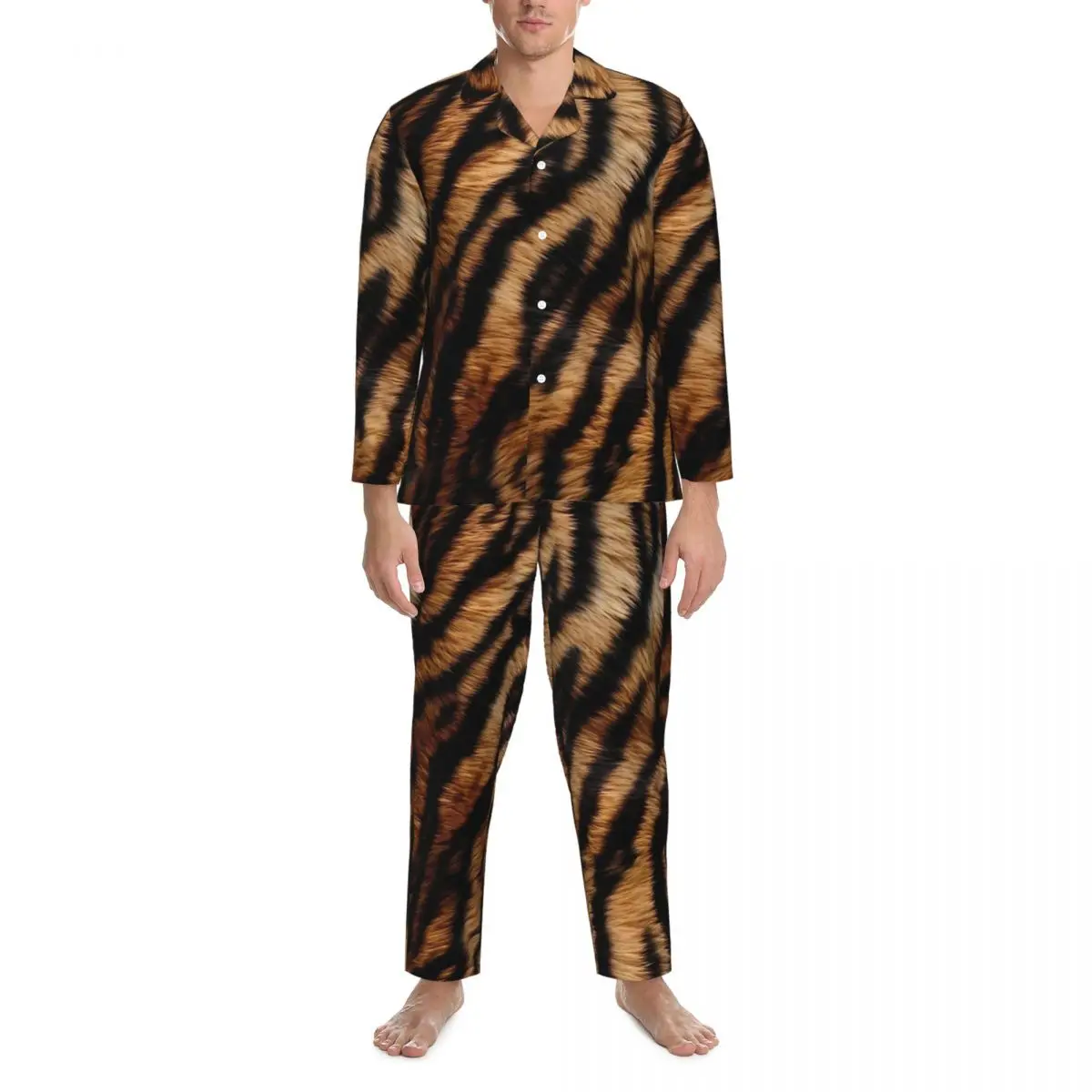 Pajamas Mens Tiger Africa Fur Print Bedroom Nightwear 2 Pieces Casual Pajama Sets Long Sleeves Cute Soft Oversized Home Suit