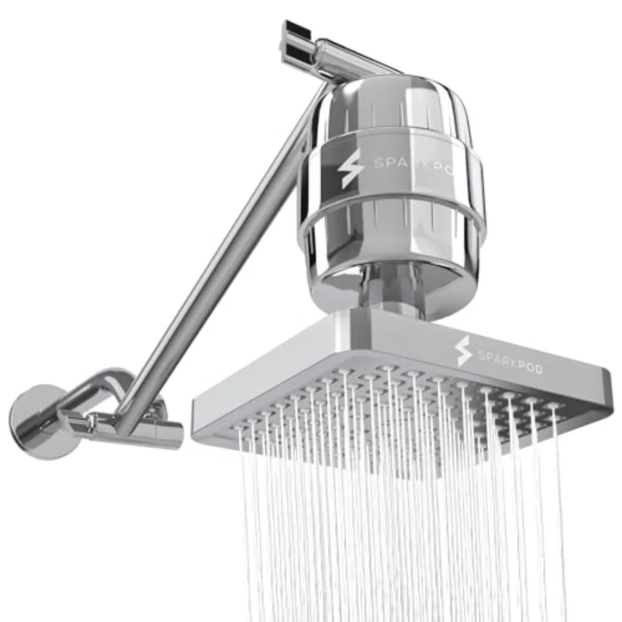 

High Pressure Rain Shower Head for bathroom use, polished chrome, square, 23-stage filter reduces chlorine for smoother hair an