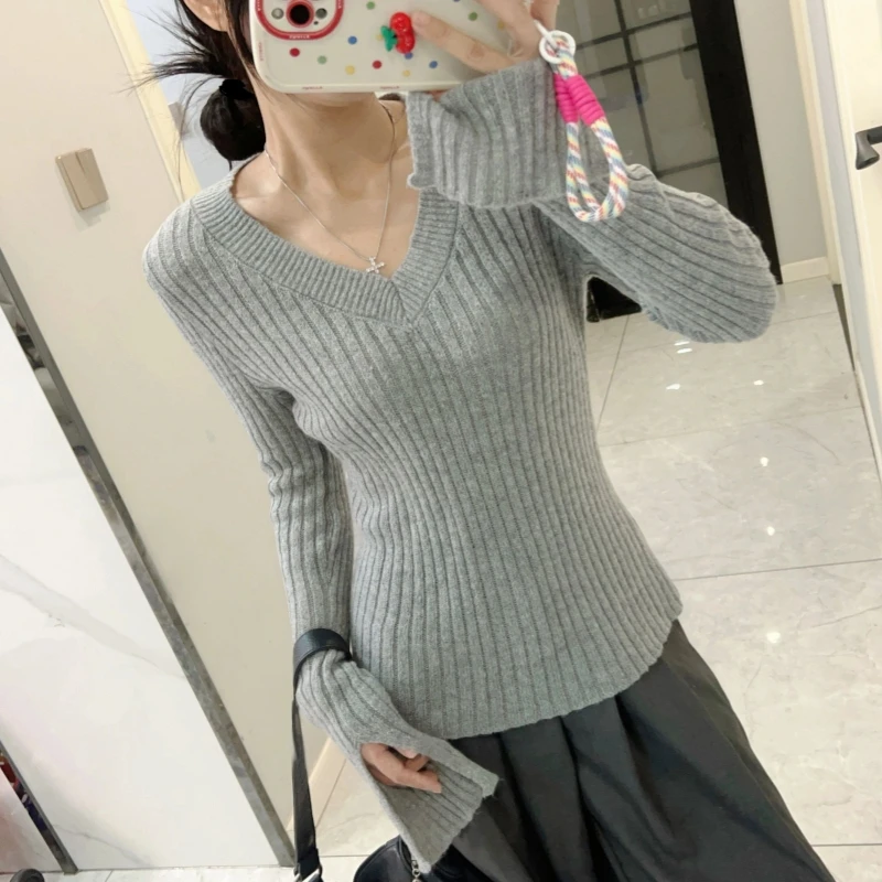المرأة رمادي الخامس الرقبة متماسكة سترة سليم صالح كم طويل قاعدة طبقة الكورية عادية شيك حار فتاة الخريف الشتاء بلوزات على الموضة