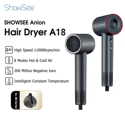 Showsee A18 High Speed Hair Dryer Negative Ionic Blow Dryer Brushless Motor for Fast Drying Low Noise Thermo-Control Hairdryer