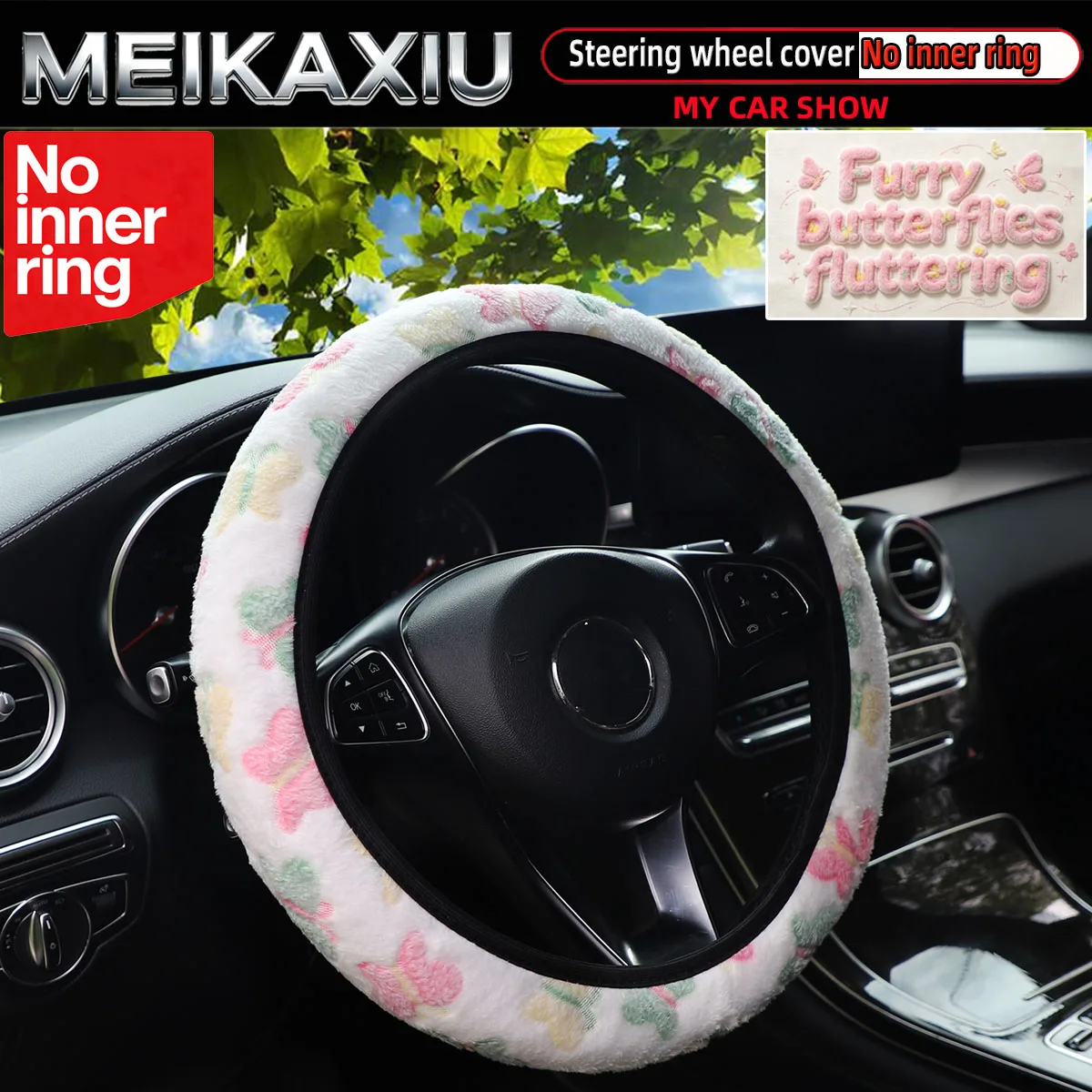 Butterfly Flying Plush Steering Wheel Cover for Women Car Decoration 38cm (15in) No Inner Ring Beautiful Accessory