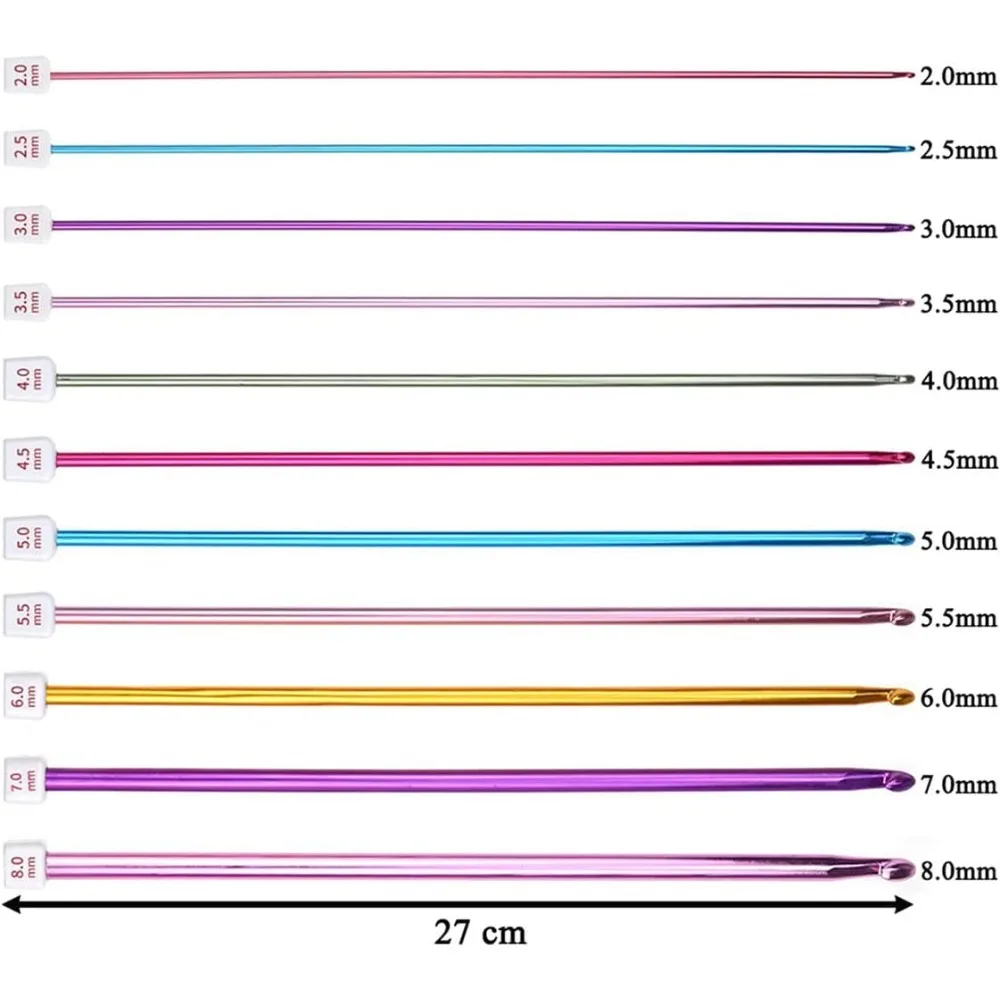 Conjunto de 23 ganchos de crochê, 12 ganchos circulares tunecininos coloridos com corda, 11 crochê tunecino (2-8 mm) alumínio, crochê afegão