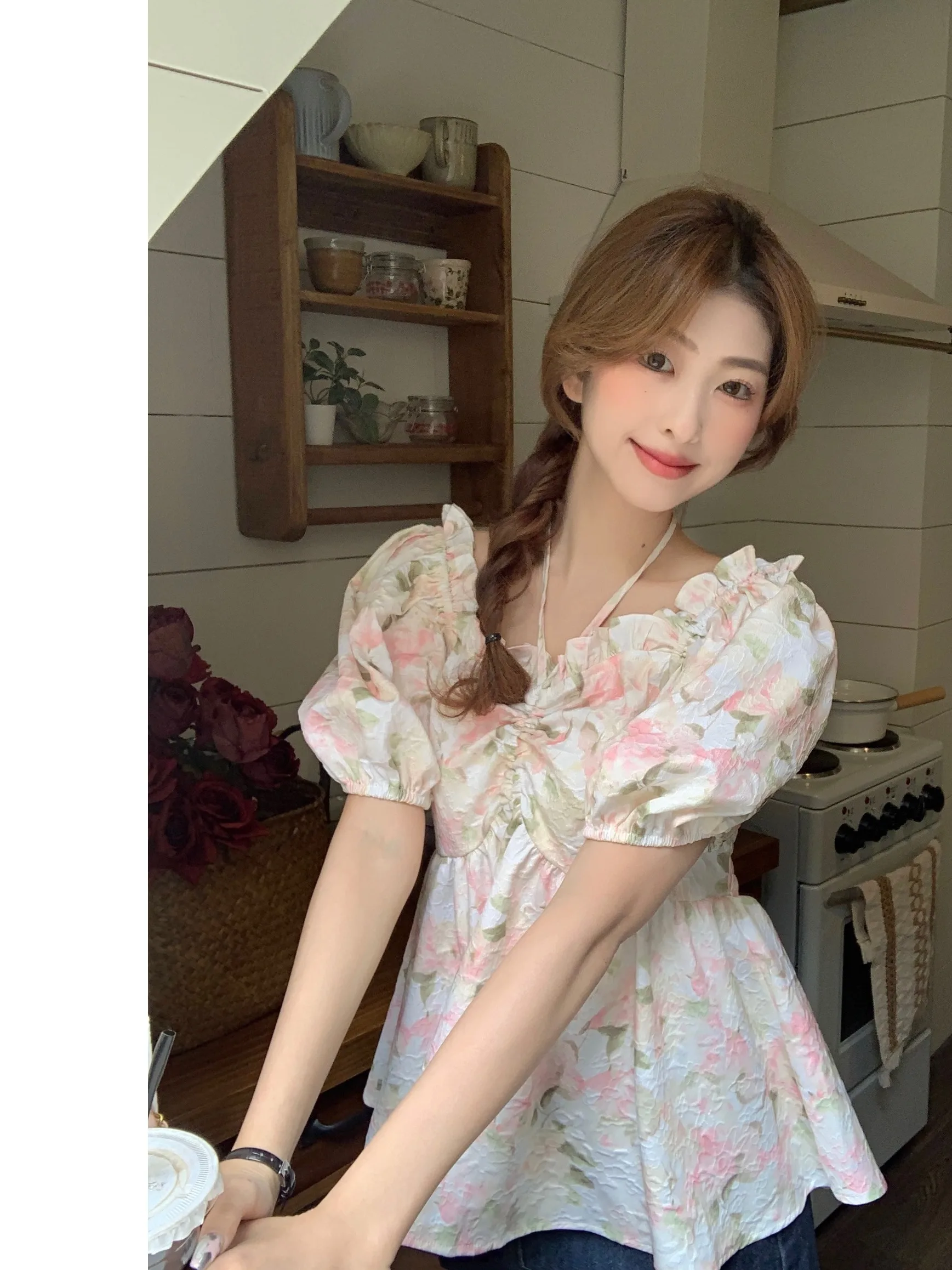 

Fashionable Large Size Sweet Style Summer Top for Women with Bubble Sleeves And Square Collar Hanging Neck Spicy Girl Shirt