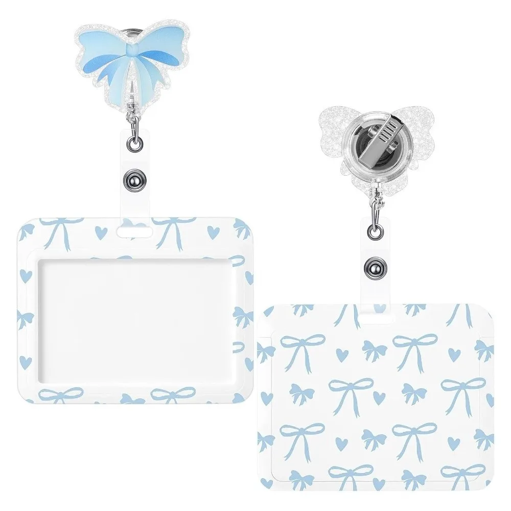 New Bow Print ID Badge Holder 360° Rotating Retractable Name Tag Holder Horizontal ABS Card Holder School Office Supplies
