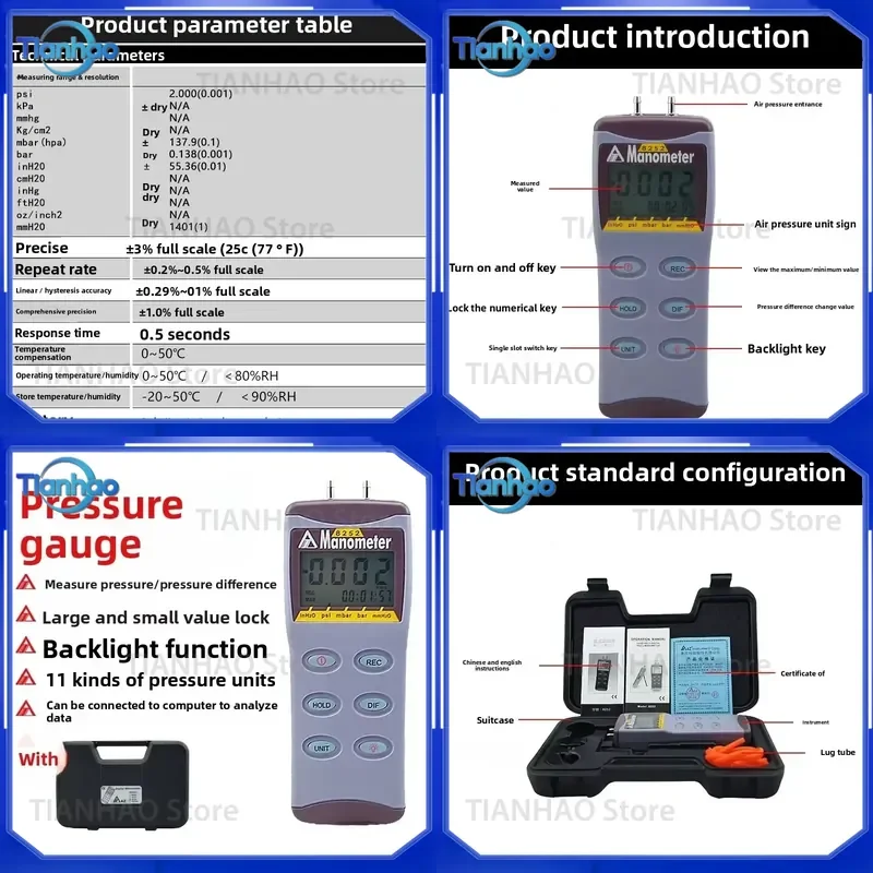 for AZ8252 Calibrated Digital Differential Pressure Gauge Electric Power Medical Industry Pipeline Gas Pressure Meter Tool