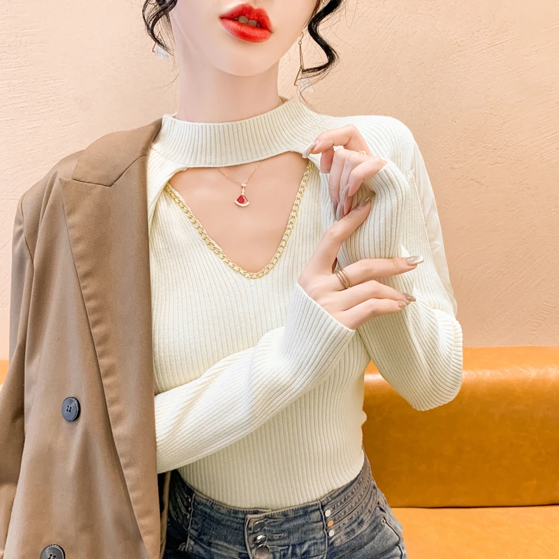 Damen Long Sve Hollow Out Strickwaren Me Splicing Design Winter Warm Base Irt Herbst Winter f Pullover mit hohem Kragen