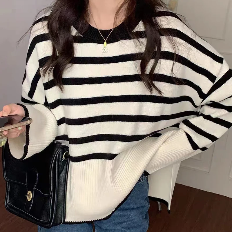 Women Thicken Warm Sweater Striped Loose Knitted Jumpers Long Sleeve O-Neck Casual Sweater For Women 2024 Autumn Winter