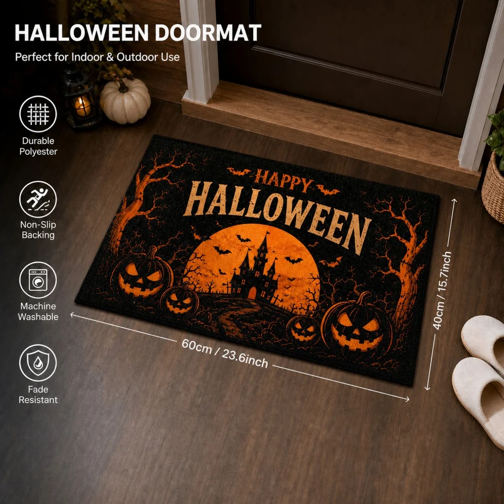 Round moon withered tree bat Jack pumpkin castle entrance mat 40 × 60cm customizable floor mat Halloween atmosphere decoration