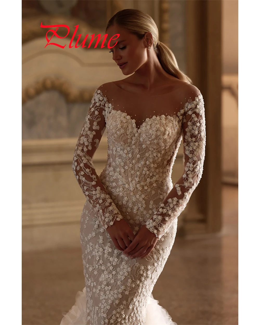 Robe de mariée en Organza blanc délicat, personnalisée, romantique, manches longues, fête de mariée, boutons au dos de haute qualité