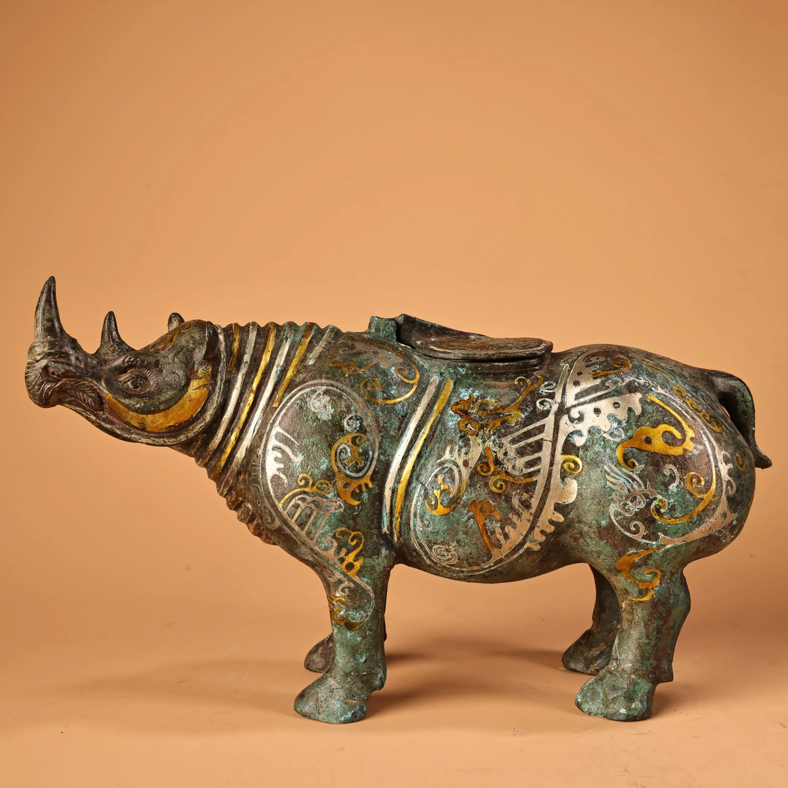 Old Bronze Gilded High relief gold and silver inlay Bronze Rhinoceros Zun Rhinoceros Statue Incense Burner Town house Exorcism