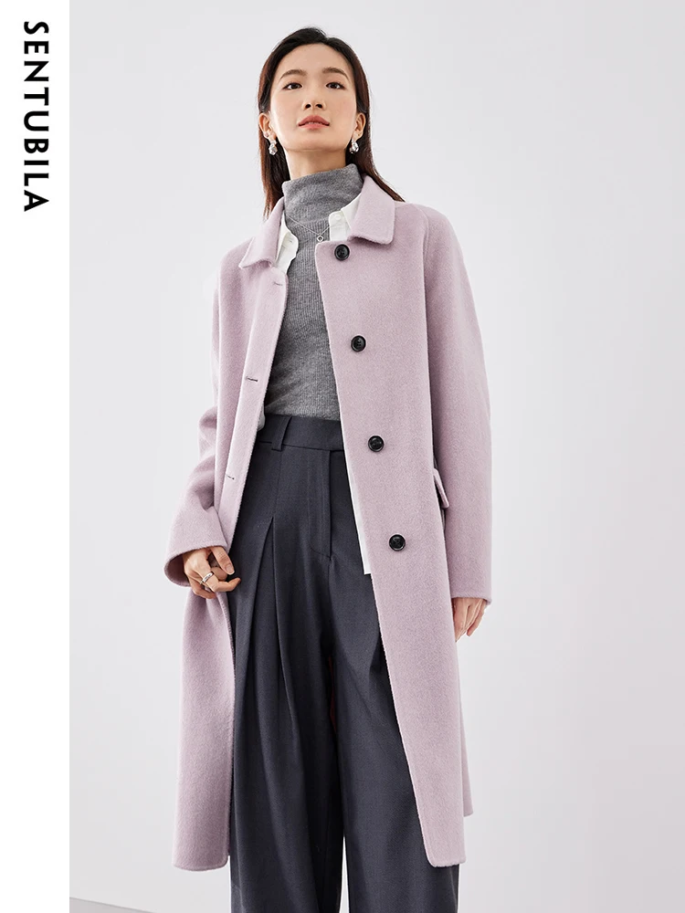 

SENTUBILA Women Winter 100% Wool Woolen Jacket 2024 Turn-Down Collar Double-Faced Long Coat Warm Female Simple Outwear W34O49911