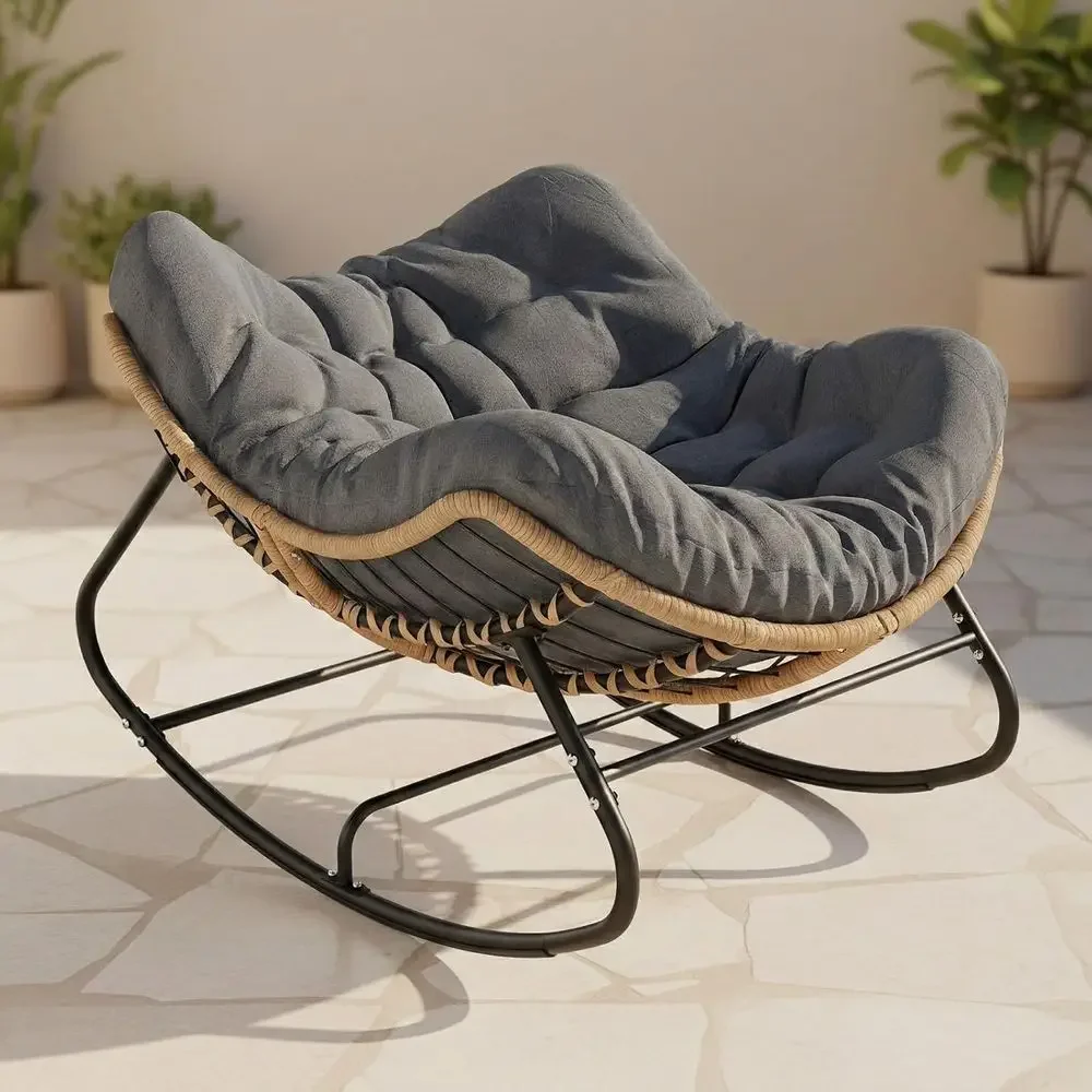 Outdoor Oversized Wicker Papasan Rocking Chair with Thick Cushion, 450 lbs Capacity, Suitable for Patio, Garden, Balcony - Gray