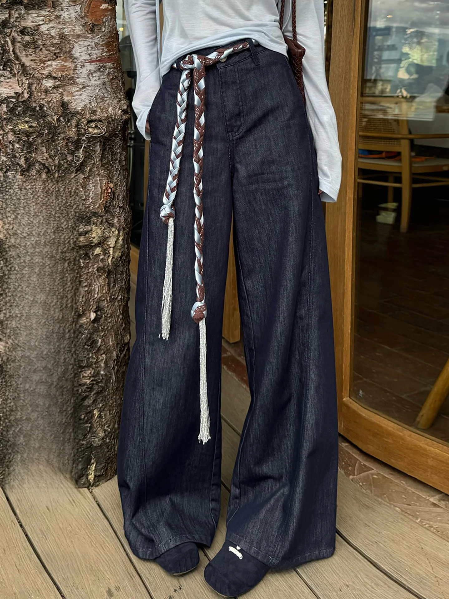 

Женские широкие джинсы Deep Blue свободного кроя, длиной в пол, из денима индиго Qiangwen, с высокой талией и застежкой-молнией