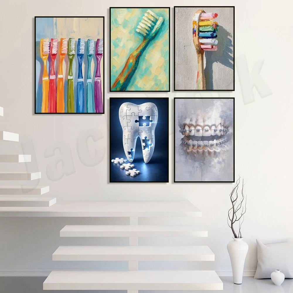 Fun Toothbrush Art: Dental-Themed Abstract Orthodontic Braces Canvas Poster – Dental Clinic Decor