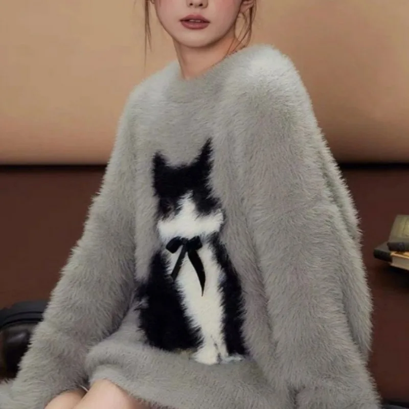 New Mink-like Round Neck Lazy Women's Autumn and Winter Sweater Loose Sweater Cat Shoulder Soft Waxy Top