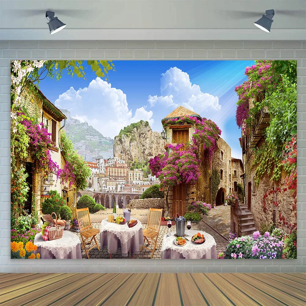 

Europe Ancient Old City Italy Photography Backdrop Tuscany Spring Floral Scenery Street Cafe Restaurant for Italian Party Decor