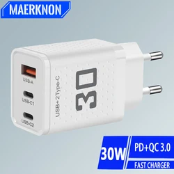 30W USB Type C Charger Fast Charging 3 Ports USB Phone Charger Adapter For iPhone Samsung Xiaomi Huawei EU/US Plug Wall Charger