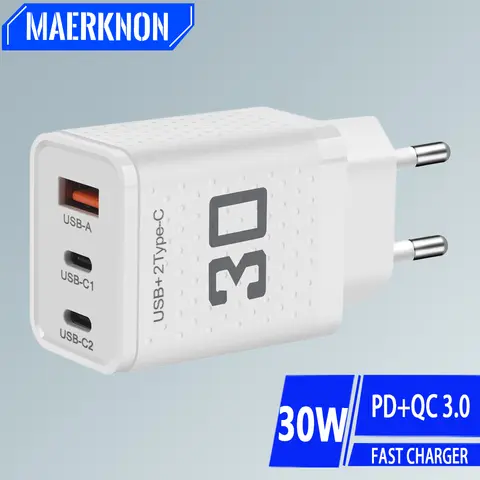 30W USB 유형 C 충전기 빠른 충전 3 포트 iPhone 용 USB 전화 충전기 어댑터 Samsung Xiaomi Huawei EU/US 플러그 벽 충전기