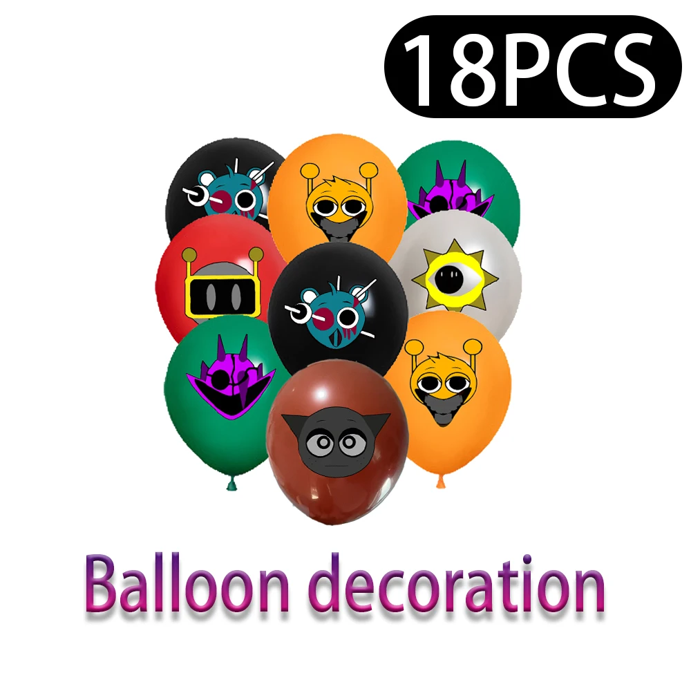 Cute Incredibox Sprunki Birthday Party cutlery plate Disposable Banner Cake Topper Hanging Flag Balloons Set Birthday Decoration