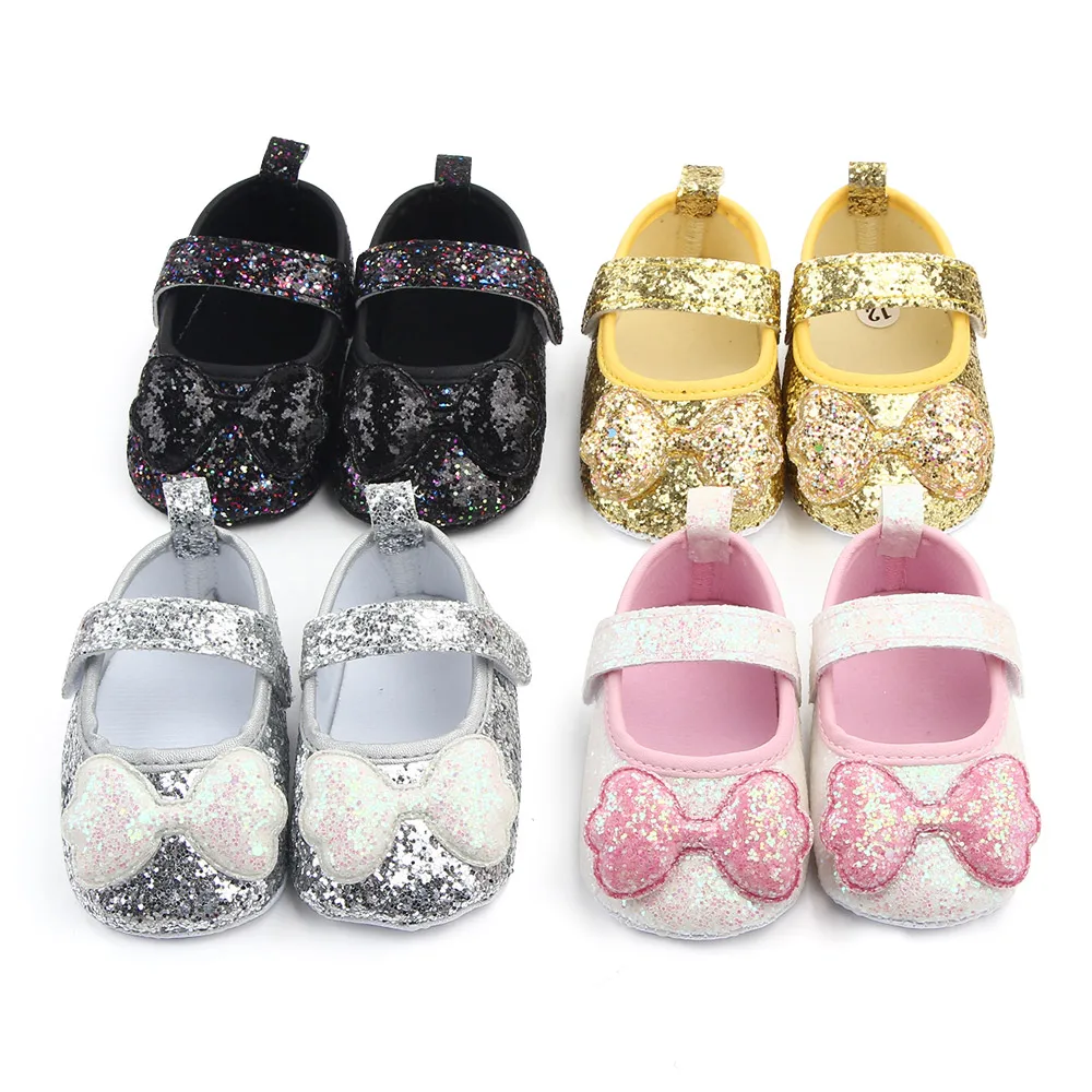 

COMFY KIDS Baby Girls' Glitter Bow Mary Jane Walker Shoes, Soft Elastic Non-Slip Toddler Dress Shoes, Spring Autumn Hook-and-Loo
