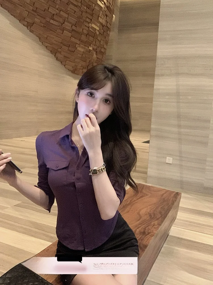 

Фиолетовая женская летняя повседневная рубашка Slim Fit с высокой талией, дышащая, удобная, новая модель