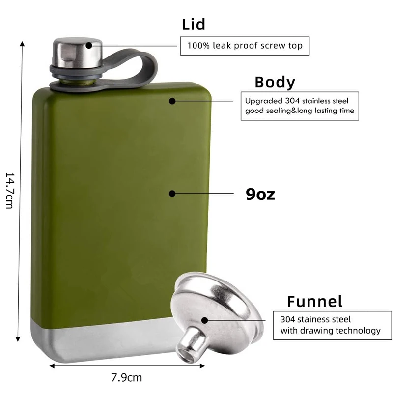 LMETJMA Premium Hip Flask for Whiskey 9oz 304 Stainless Steel Hip Flask with Funnel Leakproof Camping Whiskey Flask KC0444