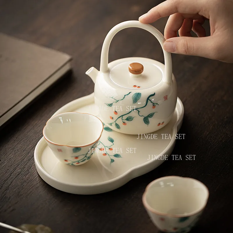 Loop-handled Teapot Tea Set Underglaze Colored Wisteria Flower Teapot Household Chinese Style Tea Tasting Cup 1 Pot, 2 Cups