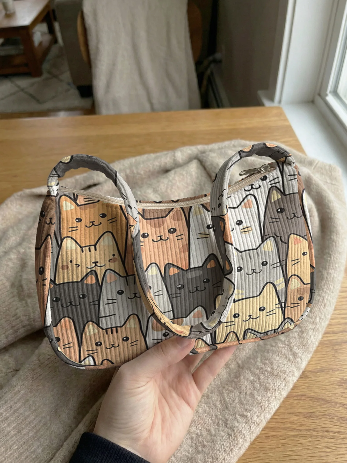 Trendy Cute Cartoon Cat Print Shoulder Bag, Corduroy Underarm Bag for Daily Casual Use