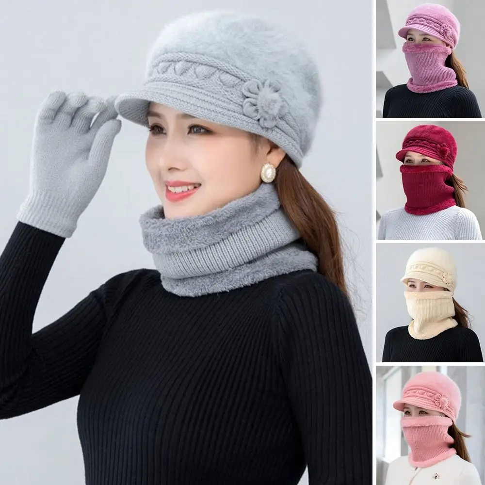 3Pcs/Set Winter Warm Knitted Hat Neck Protection Windproof Scarf Gloves Set Outdoor Plush Scarf Cap Women