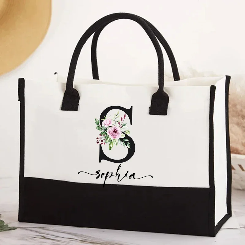 

Custom Name Beach Totes Bag Fashion Canvas Tote Letter Flower Portable Beach Shoulder Shopping Casual Large Capacity Handbag