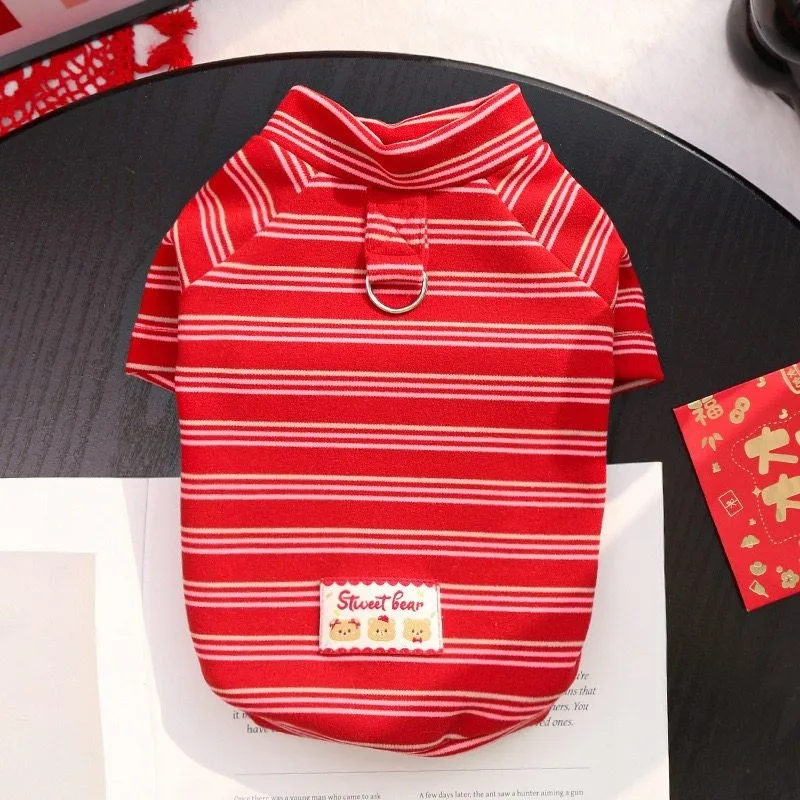 Pet New Year Clothes Adorable Striped Dog Vewt Warm Teddy Bottoming Shirt Soft Bichon Frise Sweatshirt XS-XL