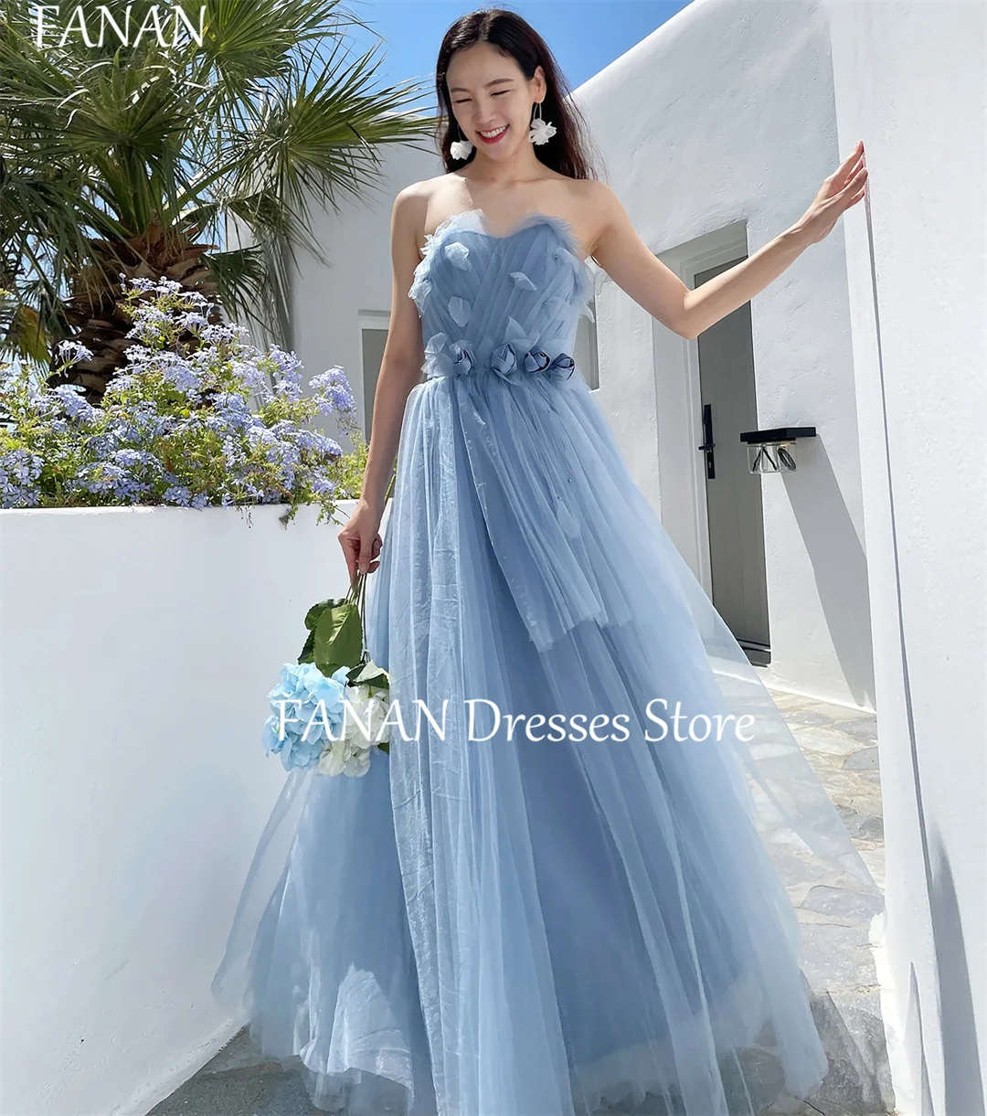 FANAN Blue Evening Party Dresses Fashion Strapless Sleeveless Korea Simple Flowers Wedding Women Formal Gowns Event Prom Gowns