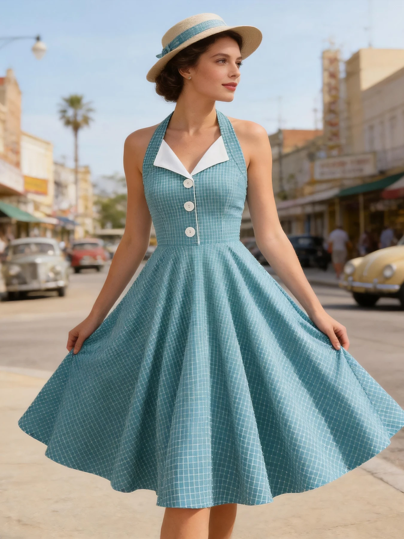 Tonval Button Up Plaid Vintage Fit and Flare Dress Summer Women Pinup Robe Halter Backless Evening Party Pockets Dresses