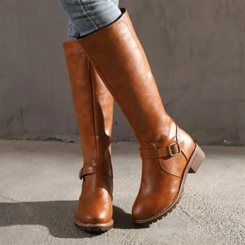 Women Leather Knee High Boots Women's Buckle Long Knight Boots Female Combat Boots Women Low Heels Shoes Plus Size 43