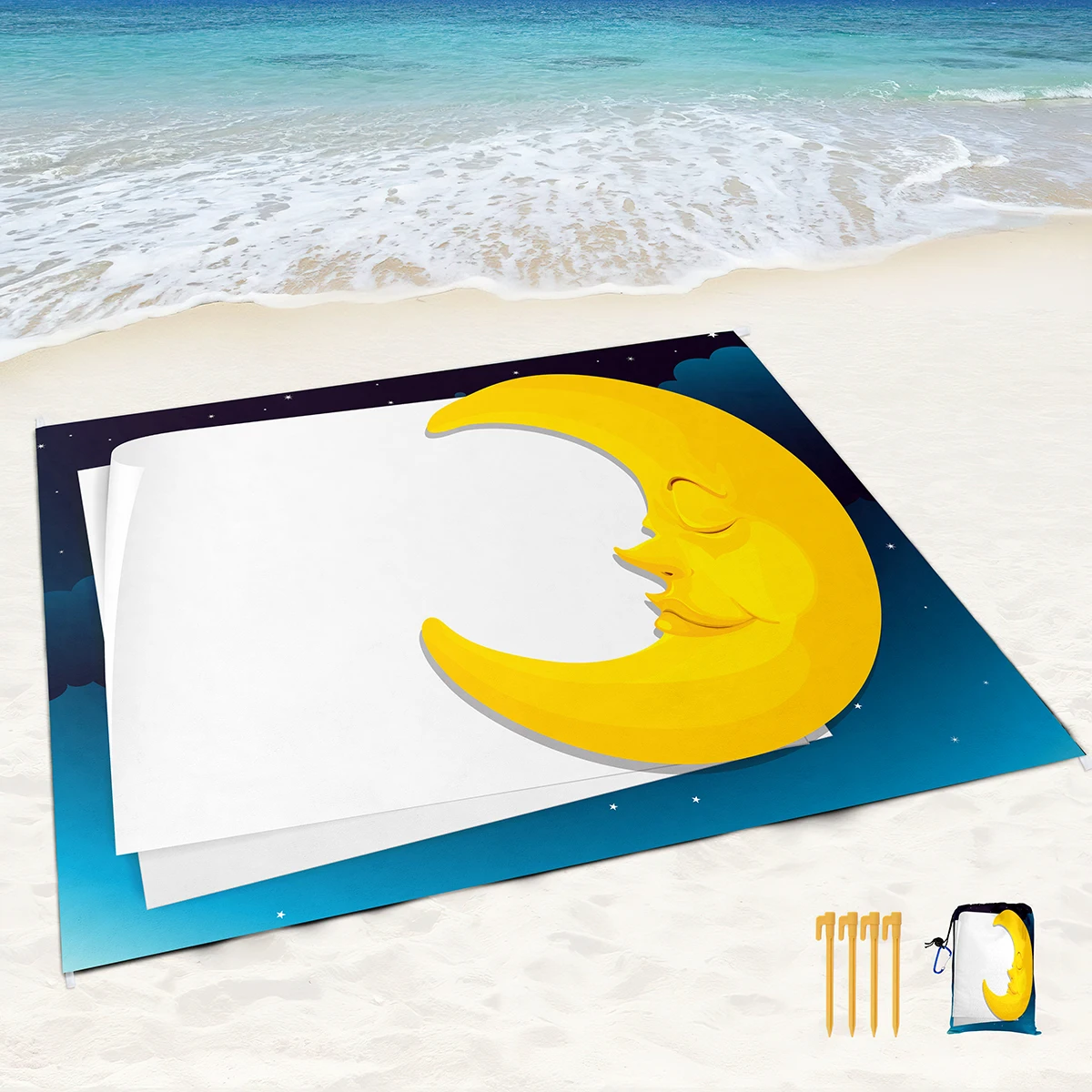 Sandproof Beach Blankets Cartoon Moon Beach Mats Waterproof Quick Drying Mat Made with 4 Stakes & 4 Corner Pockets for Travel