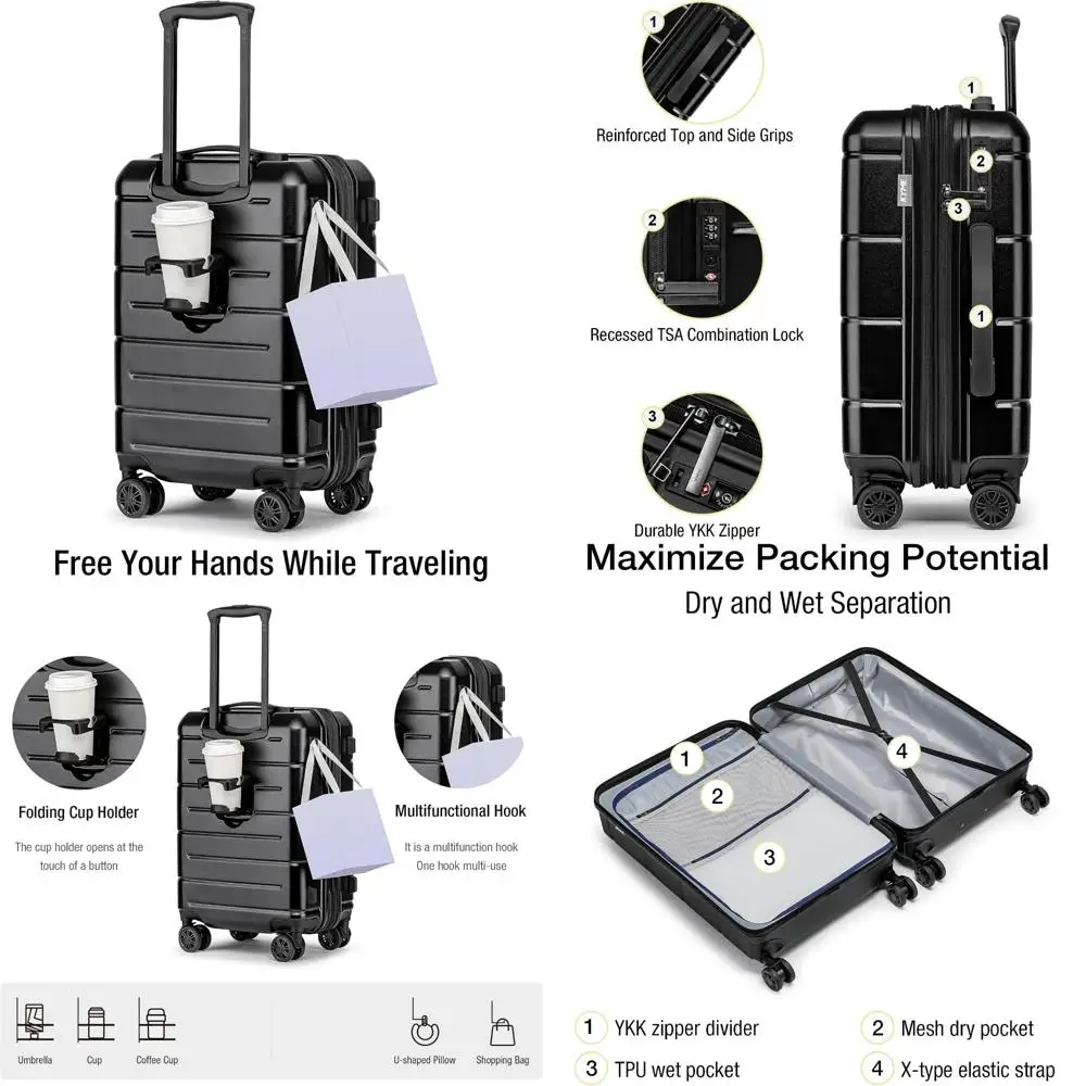 

Expandable Hardshell Spinner Luggage, 20 Inch Airline Approved Carry-On Suitcase with Cup Holder, 22x14x9 Inches