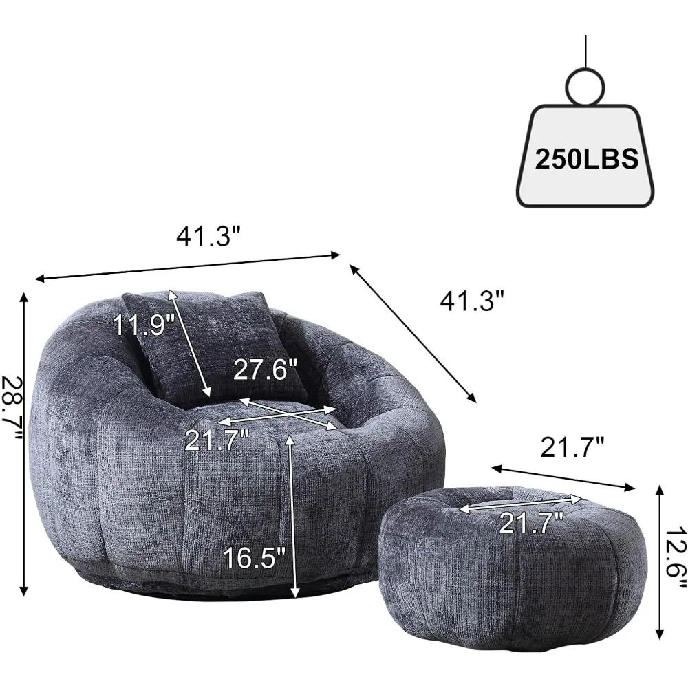 Modern Giant Bean Bag Chair, Comfy Chenille Bean Bag Couch with Ottoman for Adults, Large Lazy Sofa Accent Chair with Filler