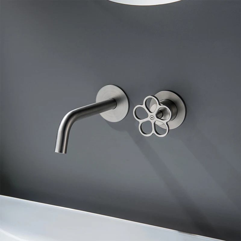

Wall Mounted Double Hole Bathroom Sink Faucet Modern Washroom Basin Sink Faucet Single Handle Hot Cold Mixer Tap Brushed