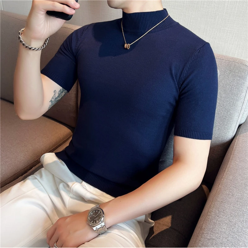 

8 Color High Quality Autumn Short Sleeve Knitted Sweater/Homme Half-high Collar Stretched Slim Fit Solid Casual Pullover Sweater